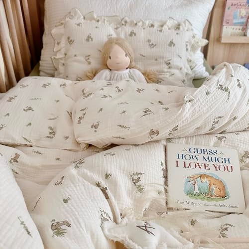 AOJIM Baby Kids Muslin Duvet Cover with Grey Rabbit, 1pc Pure Cotton Kids Bedding Comforter Cover 2-Layer Gauze 47X59'', Ruffled Design Baby Duvet Protector for Girls Boys, No Quilt or Pillowcases - Image 4