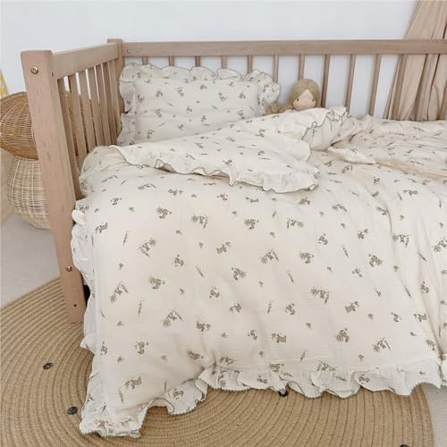 AOJIM Baby Kids Muslin Duvet Cover with Grey Rabbit, 1pc Pure Cotton Kids Bedding Comforter Cover 2-Layer Gauze 47X59'', Ruffled Design Baby Duvet Protector for Girls Boys, No Quilt or Pillowcases - Image 5