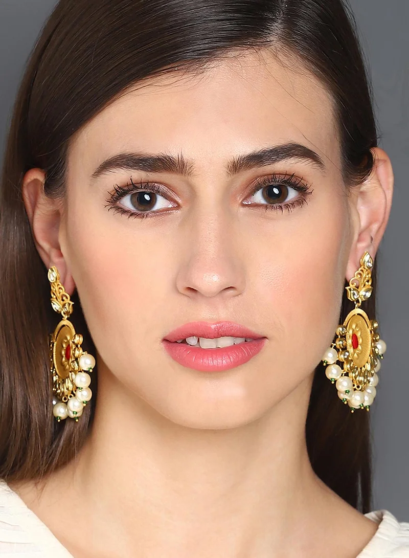 Sohi  Red & White Stone-Studded & Beaded Crescent Shaped Artificial Drop Earring Jewellery for Women | Best Price UAE