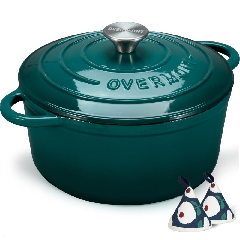 Overmont 24cm42L Enamelled Cast Iron Round Casserole Pot With Lid Cookbook  Cotton Potholders  Nonstick Dutch Oven Cookware for Braising Stews Roasting Bread Baking  Bottle green 45QT
