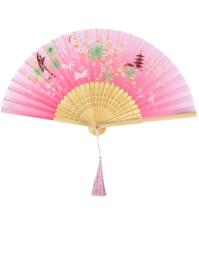 GUDOO Folding Fan Handheld Folding Fan for Women Hand Fans Bamboo Fans with Tassel Chinese Fan Silk Fabric and Bamboo Ribs Hand Folding Fan for Wall Decoration Wedding Birthday Gifts Pink  - Image 1