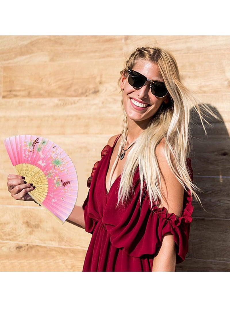 GUDOO Folding Fan Handheld Folding Fan for Women Hand Fans Bamboo Fans with Tassel Chinese Fan Silk Fabric and Bamboo Ribs Hand Folding Fan for Wall Decoration Wedding Birthday Gifts Pink  - Image 3
