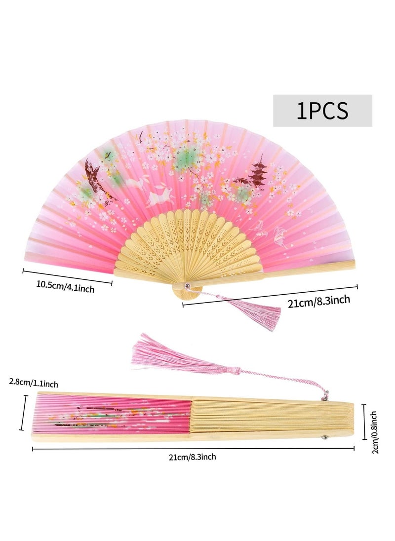 GUDOO Folding Fan Handheld Folding Fan for Women Hand Fans Bamboo Fans with Tassel Chinese Fan Silk Fabric and Bamboo Ribs Hand Folding Fan for Wall Decoration Wedding Birthday Gifts Pink  - Image 5