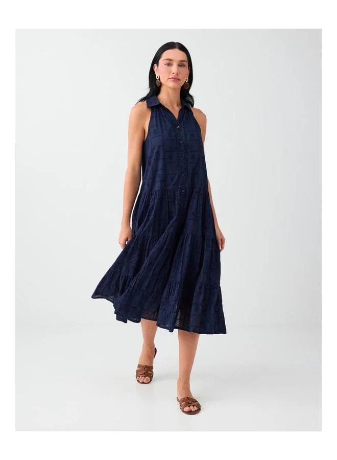 Navy 100% Cotton Shirt-Collar Fisto Midi Dress.
