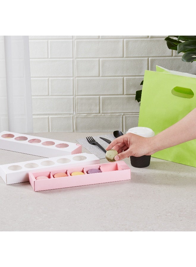 Restaurantware صناديق ماكرون فالنتينو 12 × 2.9 × 1.5 بوصة، 100 عبوة ماكرون - تحمل 5 ماكرونات، مع أغطية، صناديق هدايا ماكرون ورقية بيضاء وردية، مقصورات منفصلة، للهدايا والحفلات - Image 5