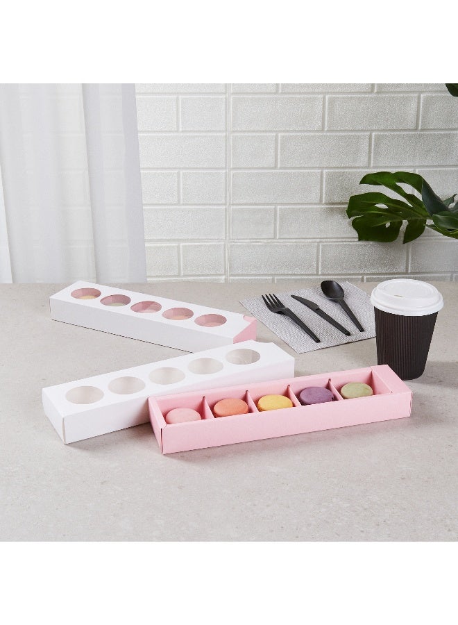 Restaurantware صناديق ماكرون فالنتينو 12 × 2.9 × 1.5 بوصة، 100 عبوة ماكرون - تحمل 5 ماكرونات، مع أغطية، صناديق هدايا ماكرون ورقية بيضاء وردية، مقصورات منفصلة، للهدايا والحفلات - Image 3