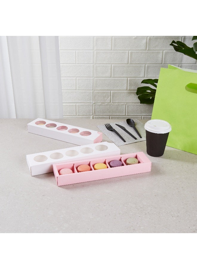 Restaurantware صناديق ماكرون فالنتينو 12 × 2.9 × 1.5 بوصة، 100 عبوة ماكرون - تحمل 5 ماكرونات، مع أغطية، صناديق هدايا ماكرون ورقية بيضاء وردية، مقصورات منفصلة، للهدايا والحفلات - Image 4