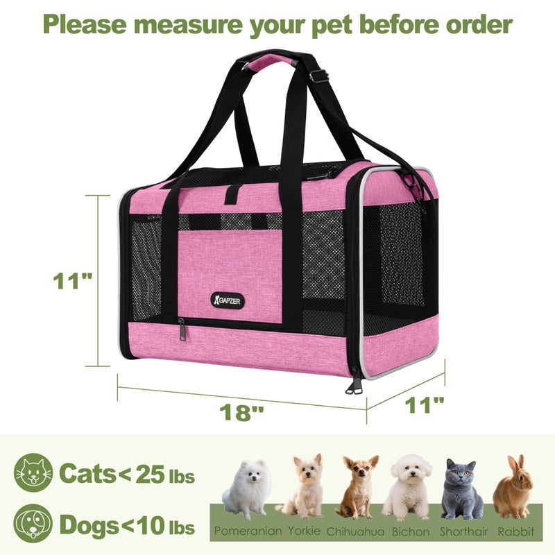 GAPZER Cat Carrier 18x11x11 Delta Airline Approved, Easy Load Soft Pet Plane Travel Bag 15 pounds, Teacup Dog Crate 12 lbs, Yorkie Kennel Carrying Case, Kitten Toy Poodle Mesh Cage up to 20lbs Pink - Image 2