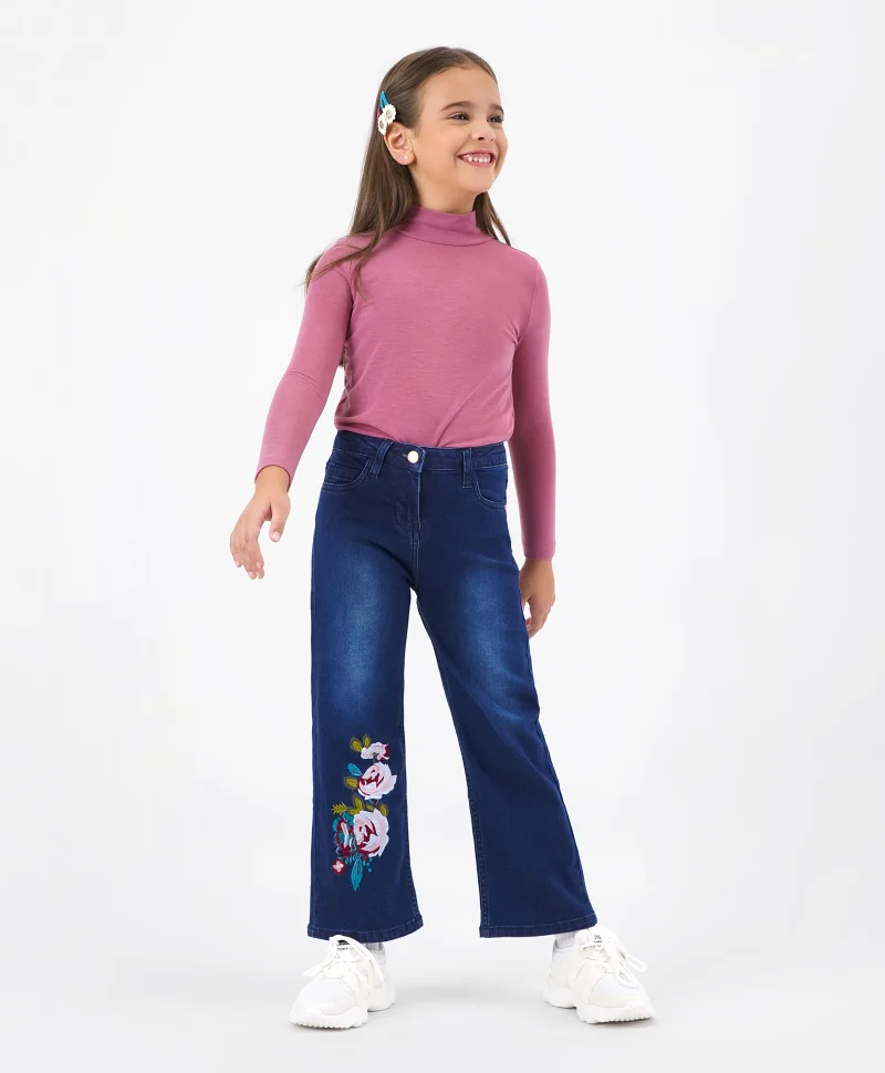Primo Gino Primo Gino Cotton Elastane Woven Full Length Washed Denim Jeans with Floral Embroidery - Mid Blue