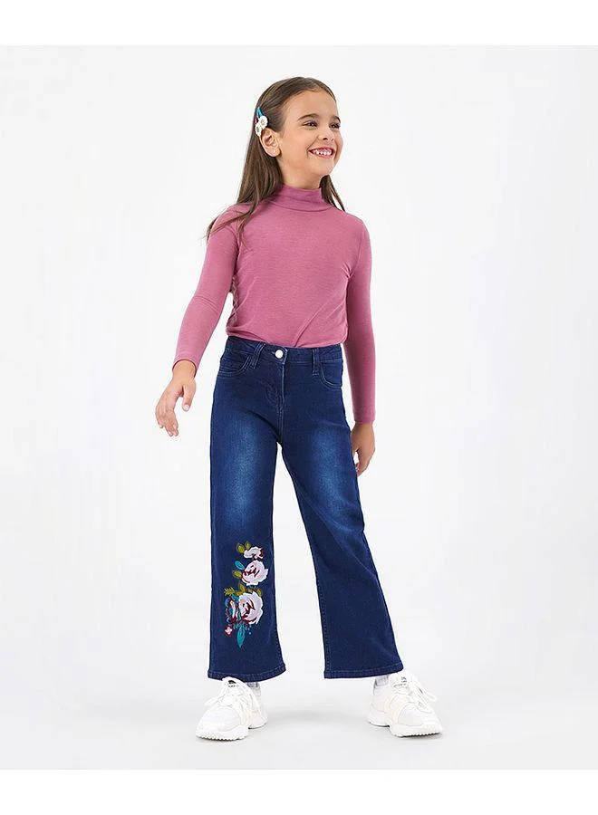 Primo Gino Primo Gino Cotton Elastane Woven Full Length Washed Denim Jeans with Floral Embroidery - Mid Blue