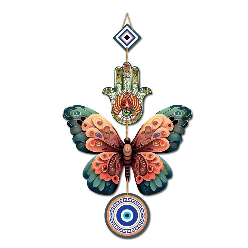 Kaameri Bazaar زخرفة جدارية خشبية على شكل فراشة لتزيين المنزل | زخرفة يد حماة لغرفة المعيشة | زخرفة العين الشريرة المعلقة - Image 1