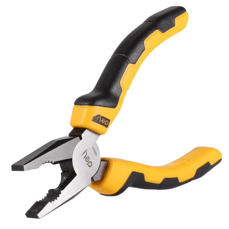 Deli DL2006 كماشة مركبة 6" من الفولاذ الكربوني تصميم مريح ذو لونين ومقبض مطاطي مضاد للانزلاق للأستخدام المنزلي والمهني (عبوة من 1، أصفر وأسود) - Image 1