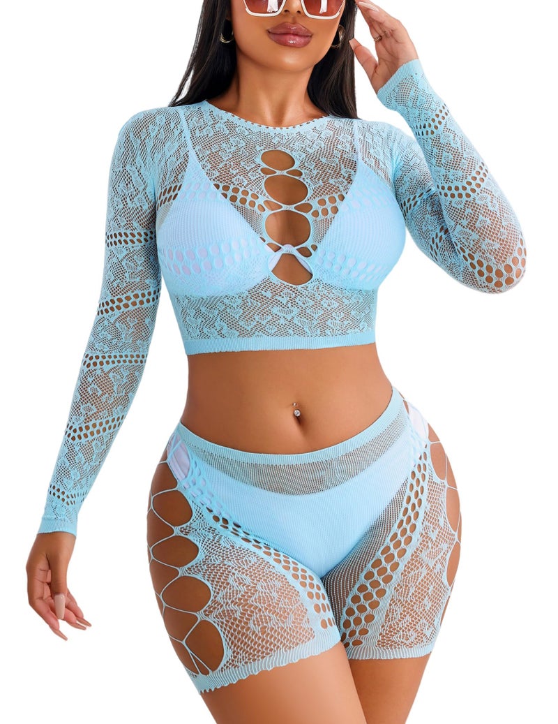 GirlFriend Lingerie for Women Lovely Deep V Neck Teddy Babydoll Mesh Nightwear for Women Mesh Badydoll Fishnets Dresses See Through Lingerie Chemise Outfits One Piece Cut Light Blue - Image 1
