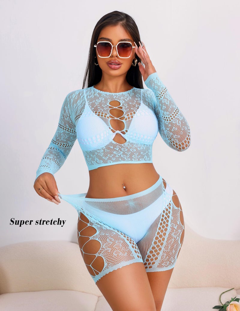 GirlFriend Lingerie for Women Lovely Deep V Neck Teddy Babydoll Mesh Nightwear for Women Mesh Badydoll Fishnets Dresses See Through Lingerie Chemise Outfits One Piece Cut Light Blue - Image 3