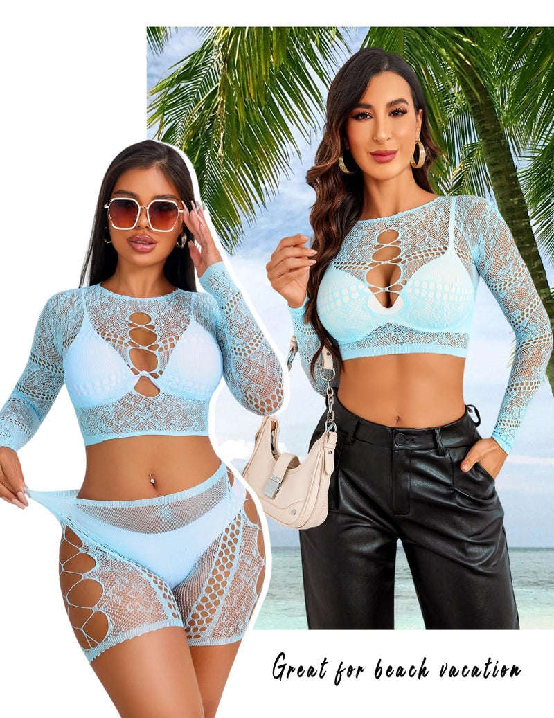 GirlFriend Lingerie for Women Lovely Deep V Neck Teddy Babydoll Mesh Nightwear for Women Mesh Badydoll Fishnets Dresses See Through Lingerie Chemise Outfits One Piece Cut Light Blue - Image 2