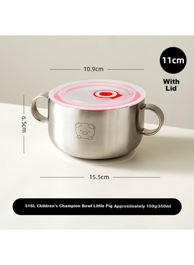 Onlycook 316l Stainless Steel Children's Food Bowl With Lid, Food-grade Suction Cup Bowl, Baby Tableware - Little Pig 350ml - Image 1
