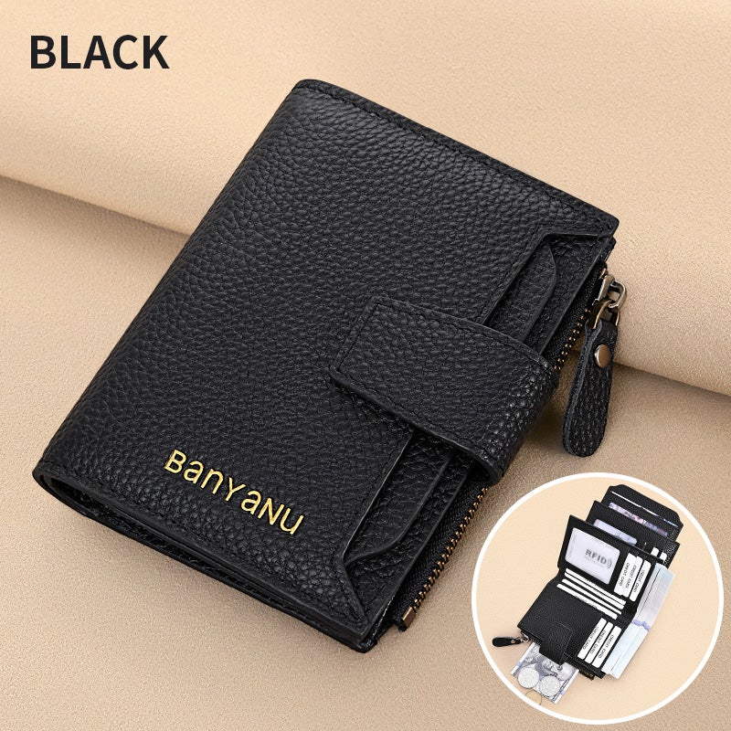 banyanu Small And Exquisite Women'S Wallets, Rfid Anti-Theft Genuine Leather Bi-Fold Wallets, With Id Card Window (Black) - Image 1