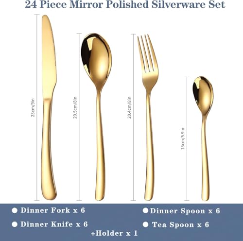 ARTEK 24 Pieces Flatware Set, Stainless Steel Cutlery Set with Silverware Holder, Modern Gold Silverware Set Includes Dinner Knives Forks Spoons,Hanging Silverware (Golden) - Image 2