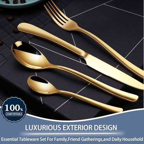 ARTEK 24 Pieces Flatware Set, Stainless Steel Cutlery Set with Silverware Holder, Modern Gold Silverware Set Includes Dinner Knives Forks Spoons,Hanging Silverware (Golden) - Image 4