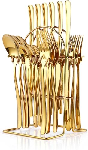 ARTEK 24 Pieces Flatware Set, Stainless Steel Cutlery Set with Silverware Holder, Modern Gold Silverware Set Includes Dinner Knives Forks Spoons,Hanging Silverware (Golden) - Image 1
