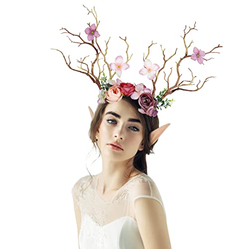 FRESHME Fairy Antlers Flower Crown Handmade Elf Deer Reindeer Headbands Headpiece for Women Renaissance Cosplay Accessories