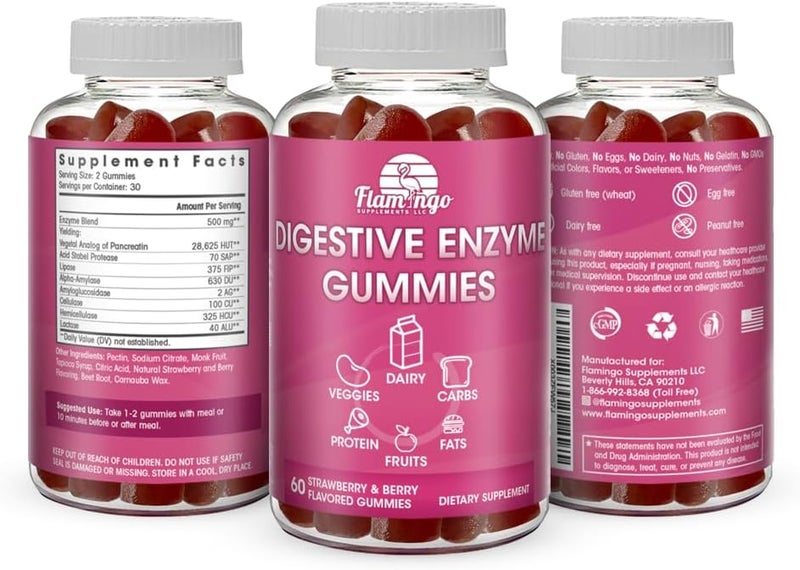 Flamingo Supplements Digestive Enzymes Chewable Gummies Helps Food Intolerance Debloat and to Digest Dairy Carbs Veggies Protein Fruit Amylase Protease Lipase Lactase Naturally Flavored Vegan Gummies 60 Count - Image 5