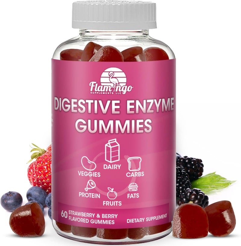 Flamingo Supplements Digestive Enzymes Chewable Gummies Helps Food Intolerance Debloat and to Digest Dairy Carbs Veggies Protein Fruit Amylase Protease Lipase Lactase Naturally Flavored Vegan Gummies 60 Count - Image 1
