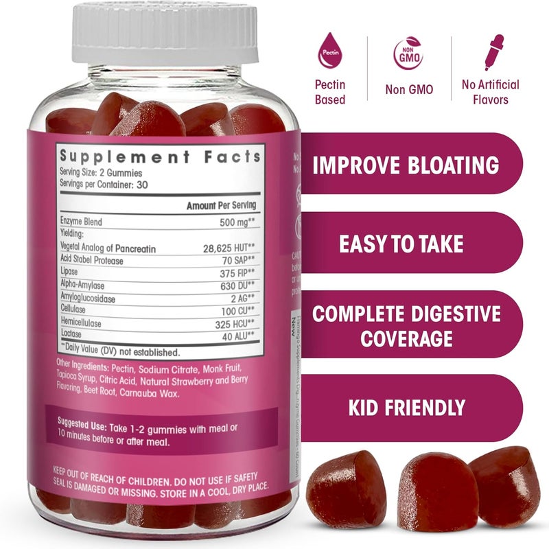 Flamingo Supplements Digestive Enzymes Chewable Gummies Helps Food Intolerance Debloat and to Digest Dairy Carbs Veggies Protein Fruit Amylase Protease Lipase Lactase Naturally Flavored Vegan Gummies 60 Count - Image 2