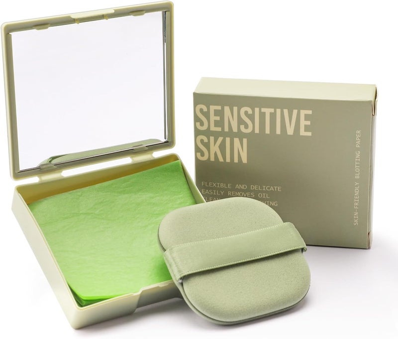 Erinde Oil Blotting Sheets for Face with Mirror and Puff 100 Sheets Oil Blotting Paper for Oily Skin Face Oil Absorbing Sheet Natural Oil Control Film Absorb Excess Oil Makeup Friendly