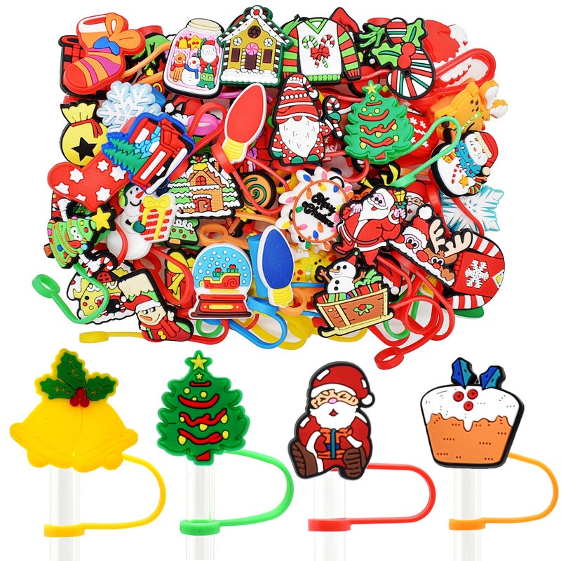YEALQUE YEALQUE 50PCS Christmas Straw Caps Random Cute Dust Proof Protectors PVC Tips for 78mm Tumbler Xmas Party Gift 