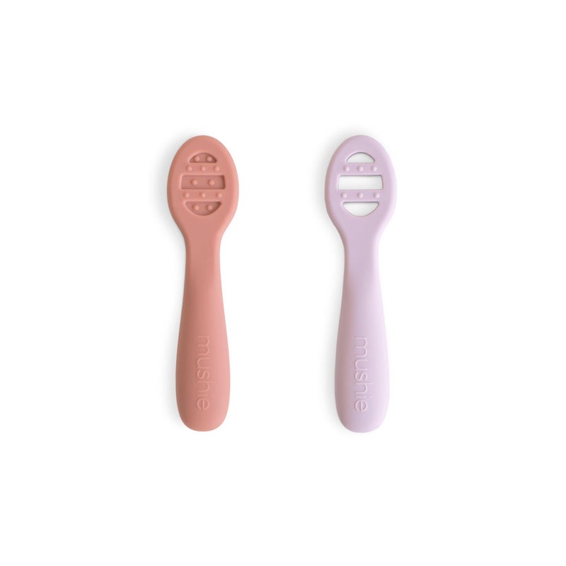 mushie Silicone First Feeding Baby Spoons | 2 Pack (Rose/Soft Lilac) - Image 1