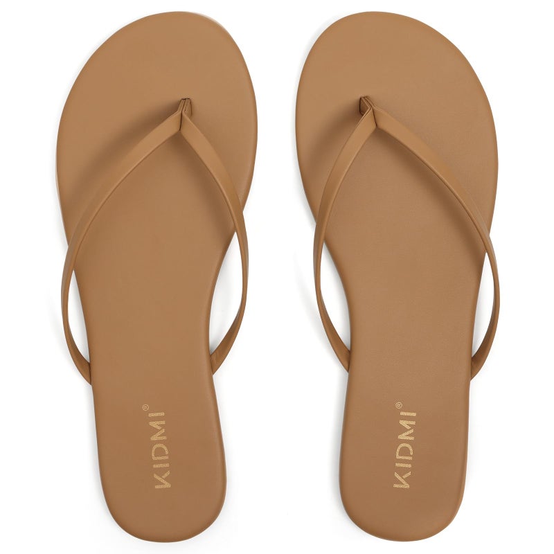 KIDMI Thong Flip Flops for Women - Memory Foam Summer Beach Sandals for Women - Vegan Leather Flat Sandals, Taupe EU 39 - Image 4