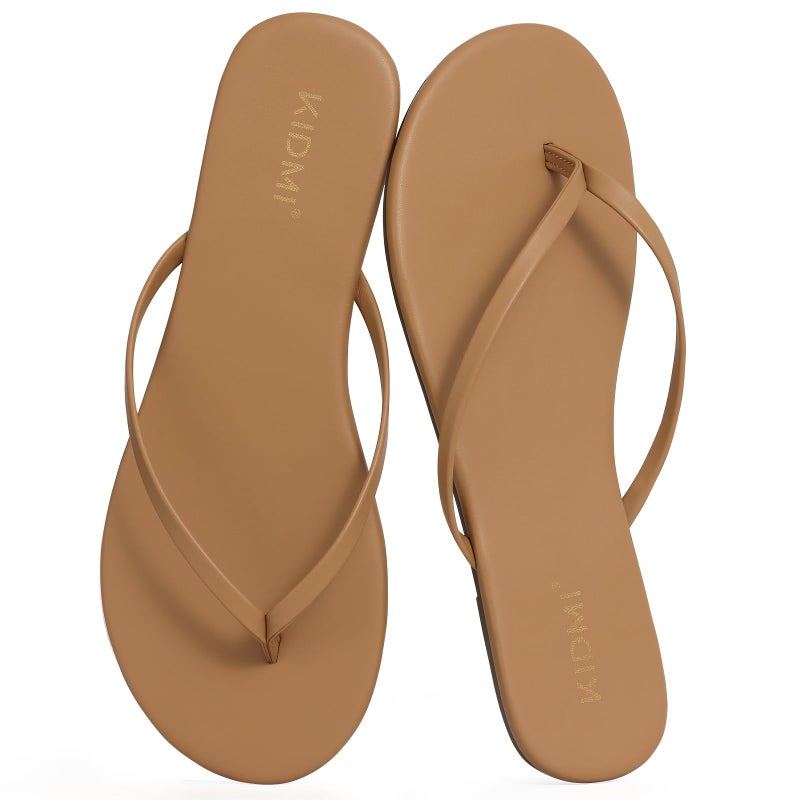 KIDMI Thong Flip Flops for Women - Memory Foam Summer Beach Sandals for Women - Vegan Leather Flat Sandals, Taupe EU 39 - Image 1