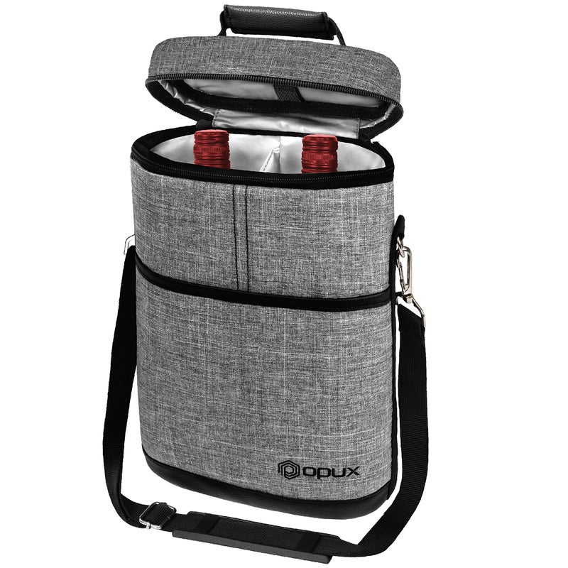 OPUX 2 Bottle Wine Carrier Tote, Insulated Leakproof Wine Cooler Bag, Wine Travel Bag for Picnic BYOB Beach, Portable Wine Bottle Carrying Case, Gift for Wine Lover Women Men Christmas, Heather Grey - Image 1