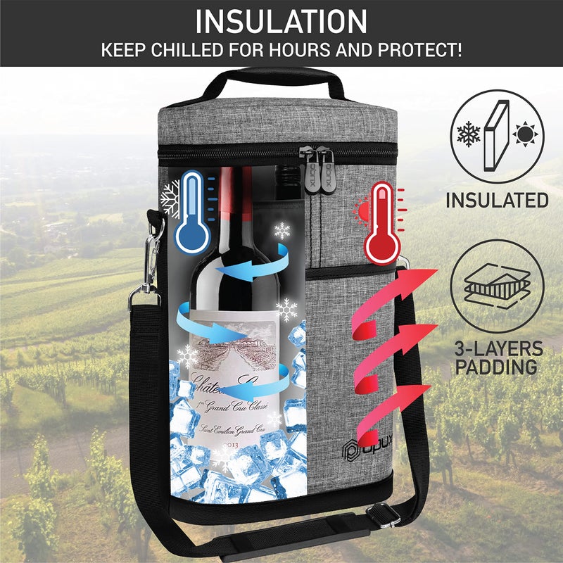 OPUX 2 Bottle Wine Carrier Tote, Insulated Leakproof Wine Cooler Bag, Wine Travel Bag for Picnic BYOB Beach, Portable Wine Bottle Carrying Case, Gift for Wine Lover Women Men Christmas, Heather Grey - Image 2