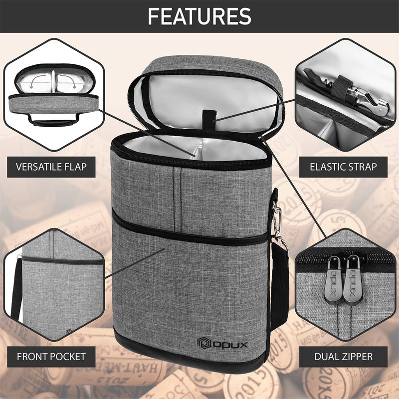 OPUX 2 Bottle Wine Carrier Tote, Insulated Leakproof Wine Cooler Bag, Wine Travel Bag for Picnic BYOB Beach, Portable Wine Bottle Carrying Case, Gift for Wine Lover Women Men Christmas, Heather Grey - Image 4