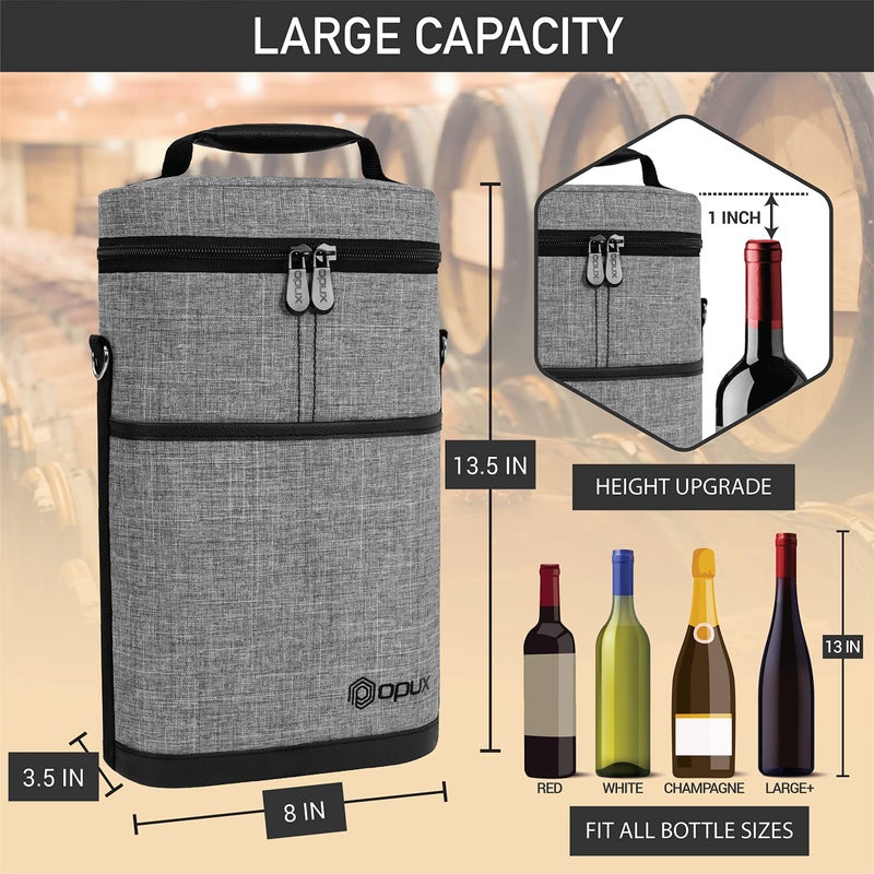 OPUX 2 Bottle Wine Carrier Tote, Insulated Leakproof Wine Cooler Bag, Wine Travel Bag for Picnic BYOB Beach, Portable Wine Bottle Carrying Case, Gift for Wine Lover Women Men Christmas, Heather Grey - Image 3