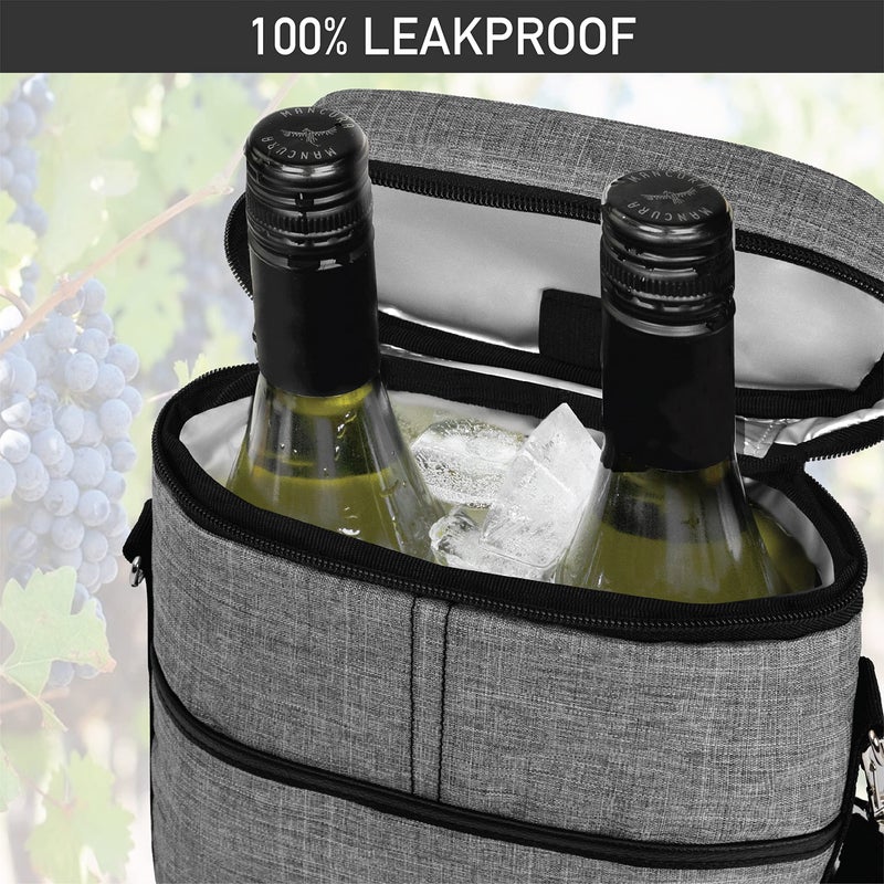 OPUX 2 Bottle Wine Carrier Tote, Insulated Leakproof Wine Cooler Bag, Wine Travel Bag for Picnic BYOB Beach, Portable Wine Bottle Carrying Case, Gift for Wine Lover Women Men Christmas, Heather Grey - Image 5