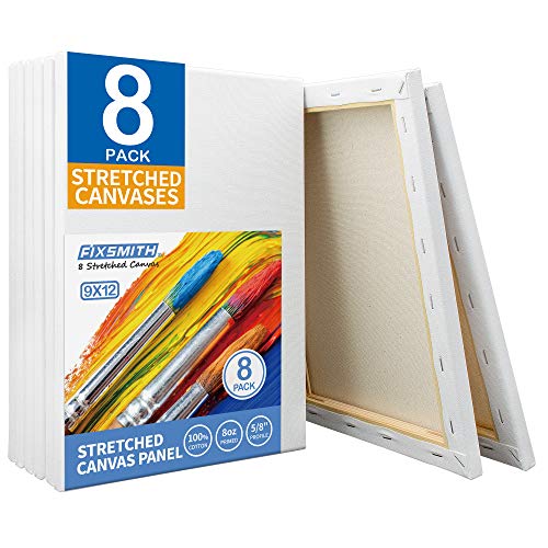 FIXSMITH Stretched White Blank Canvas  9x12 Inch Bulk Pack of 8 Primed100 Cotton 58 Inch Profile of Super Value Pack for AcrylicsOils  Other Painting Media