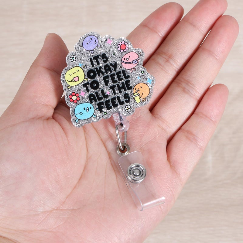 BEZTN It's Okay to Feel All The Feels Funny Badge Reel | Inspirational Mental Health ID Holder for Nurses, Teachers, Social Worker Gifts, & Psychologists | Retractable Badge | Office Stocking Stuffer - Image 2