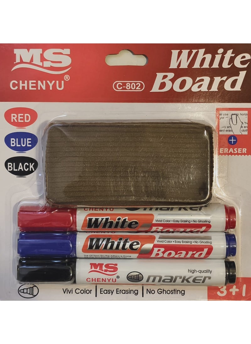 3-Piece White Board Marker Set Multicolour With Eraser
