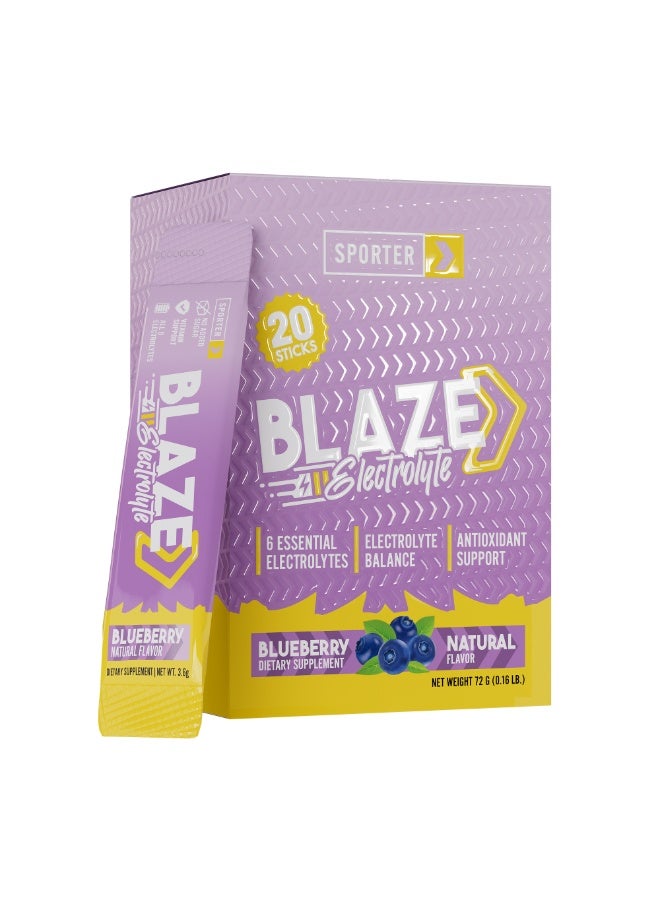 Sporter Blaze Electrolyte Blueberry Flavor – 20 Sticks, 6 Essential Electrolytes, Sugar Free Hydration Support - Image 1