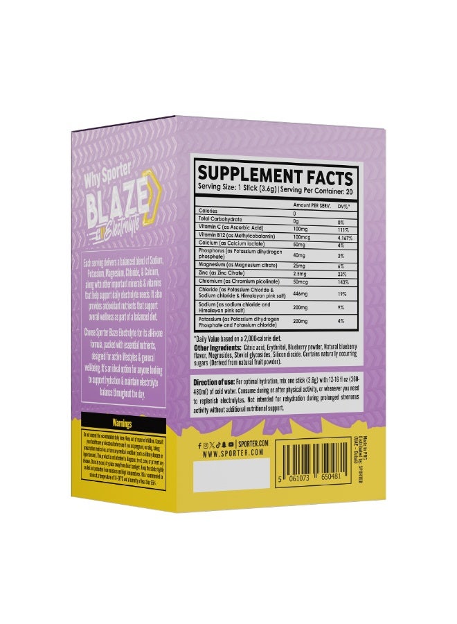 Sporter Blaze Electrolyte Blueberry Flavor – 20 Sticks, 6 Essential Electrolytes, Sugar Free Hydration Support - Image 2
