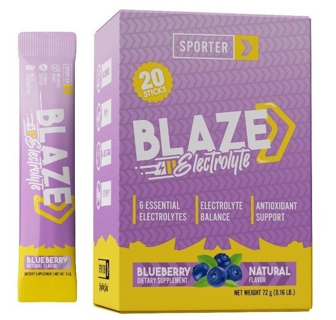 Sporter Blaze Electrolyte Blueberry Flavor – 20 Sticks, 6 Essential Electrolytes, Sugar Free Hydration Support