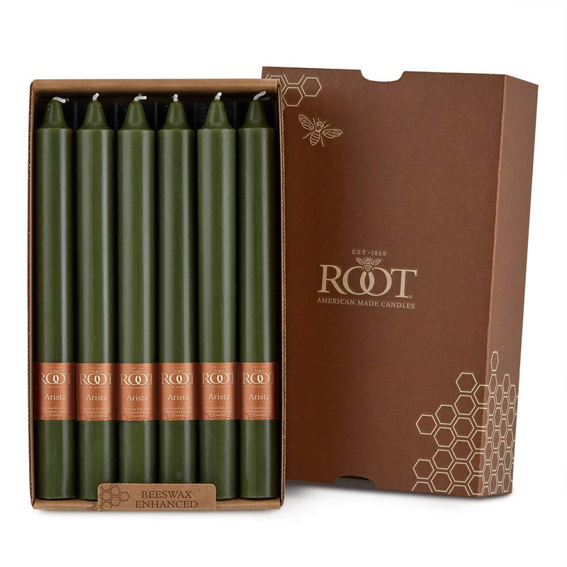 Root Candles 12Count Unscented Dinner Candles Dripless Beeswax Enhanced Smooth Arista Boxed Candle Set 9Inch Dark Olive