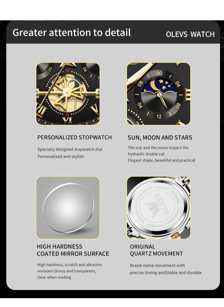 OLEVS - Watches For Men Fashion Stainless Steel Quartz Chronograph Water Resistant Watch 42mm 2859Gold and Silver - Image 1