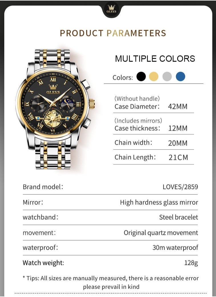 OLEVS - Watches For Men Fashion Stainless Steel Quartz Chronograph Water Resistant Watch 42mm 2859Gold and Silver - Image 1