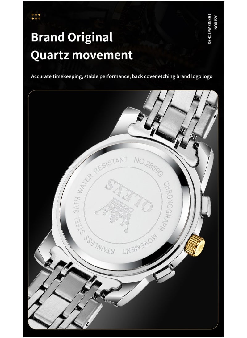 OLEVS - Watches For Men Fashion Stainless Steel Quartz Chronograph Water Resistant Watch 42mm 2859Gold and Silver - Image 1