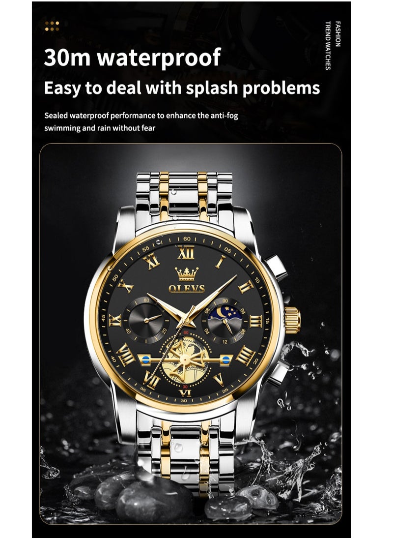 OLEVS - Watches For Men Fashion Stainless Steel Quartz Chronograph Water Resistant Watch 42mm 2859Gold and Silver - Image 1