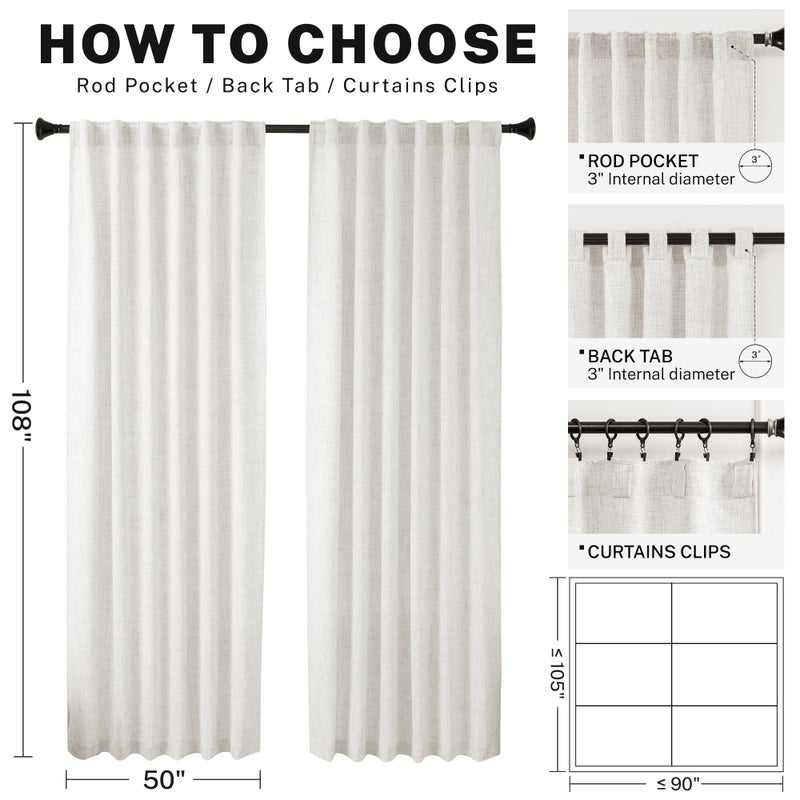 MEETBILY Ivory Linen Curtains 108 Inches Long for Living Room 2 Panel Set Cream White Back Tab Semi Sheer Linen Drapes Neutral Farmhouse Light Filtering Curtains Ceiling to Floor for Large Window 9FT - Image 3